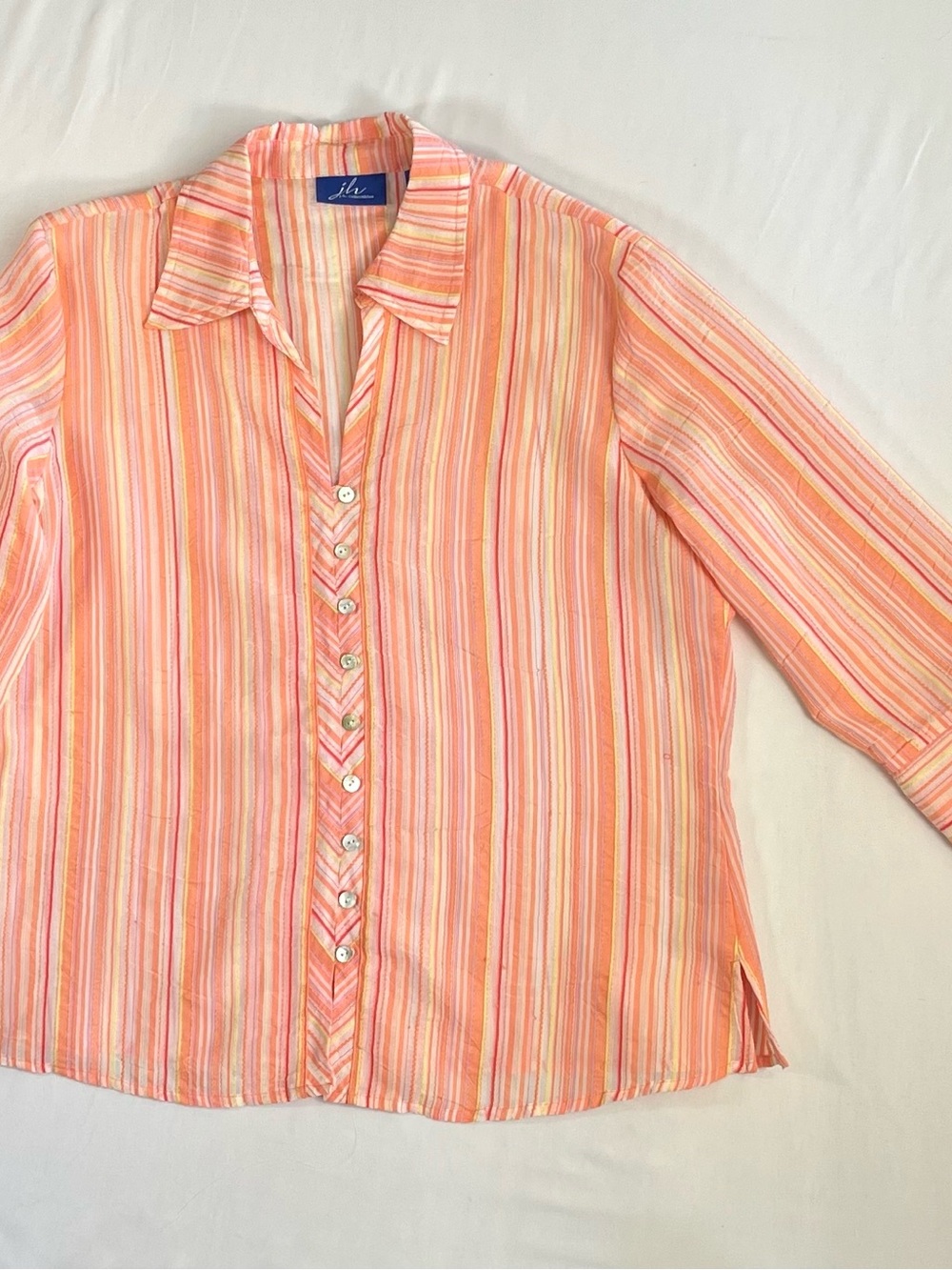 JH Collectibles Peach-Pink Striped Quarter Button-Front Women's Shirt 0025